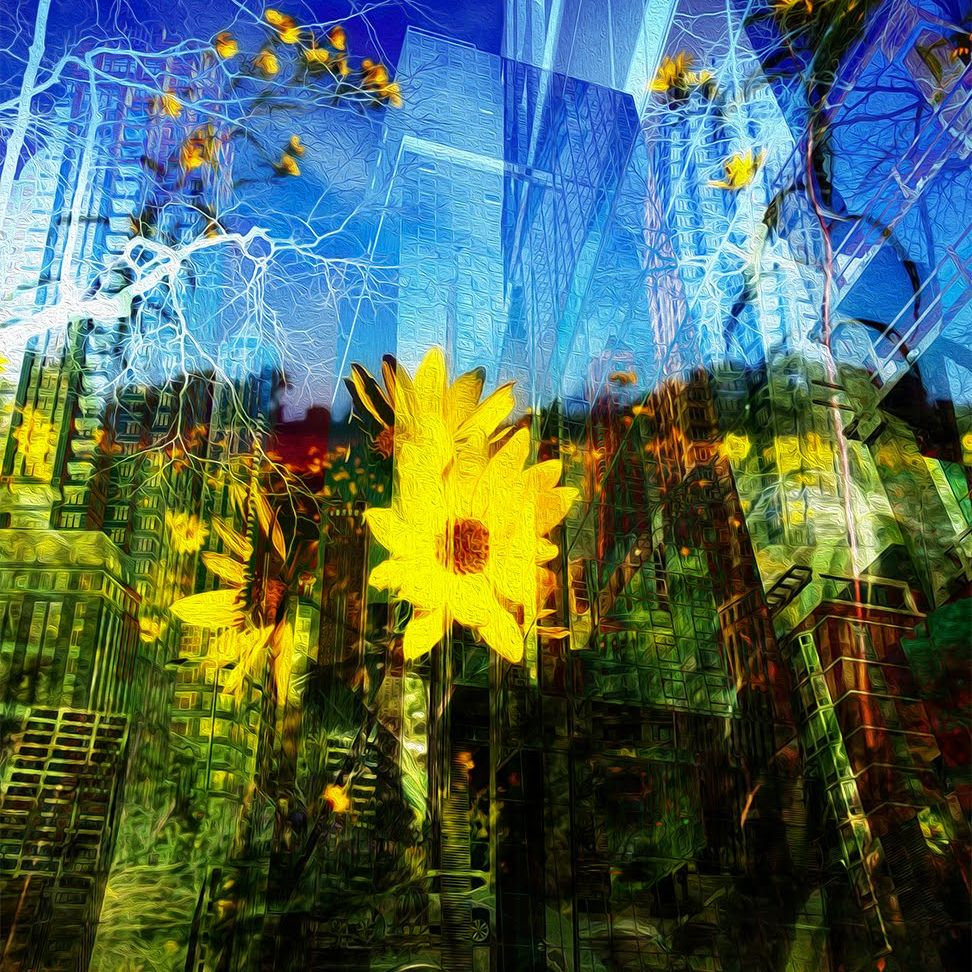 Digital art showing flower image blended with city imagery